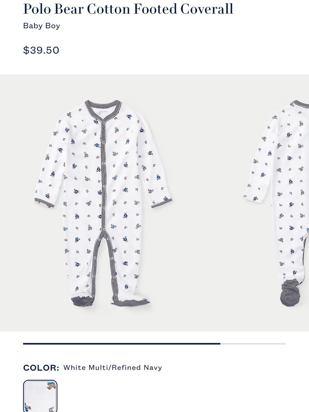 Ralph Lauren White Footed One-Piece with Navy Trim and Bear Print 9 months